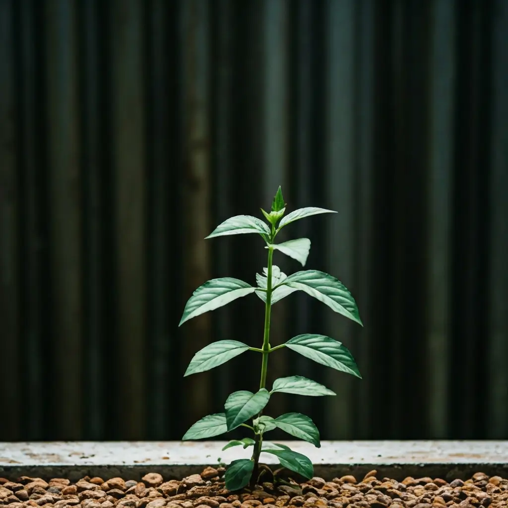 Green plant growing in industrial setting